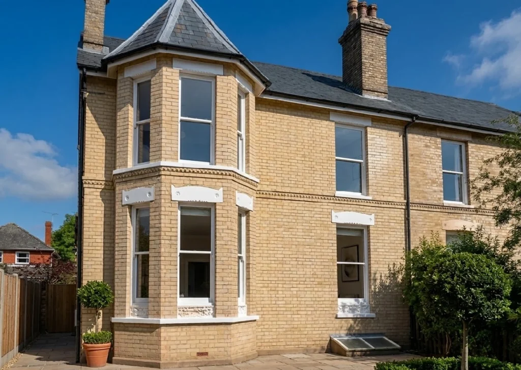 Semi-detached Victorian house in pale yellow brick with a slate-roofed corner bay, white sash windows, decorative stone details and tall chimneys under a blue sky