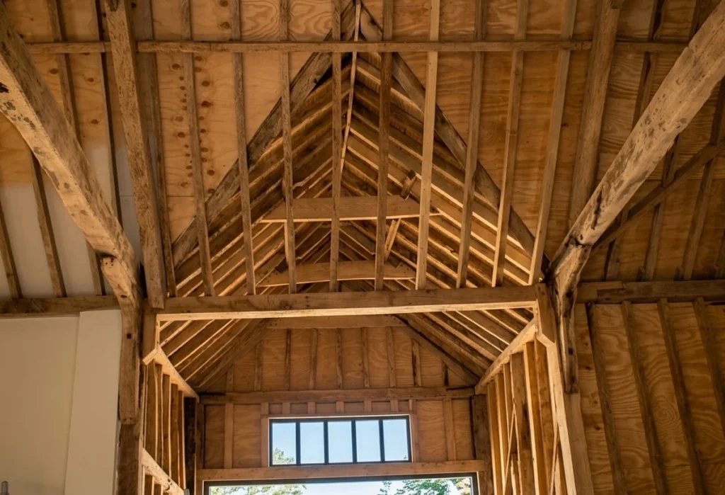 Barn roof interior with weathered oak beams and braces alongside new timber rafters and plywood boarding, with a window opening below